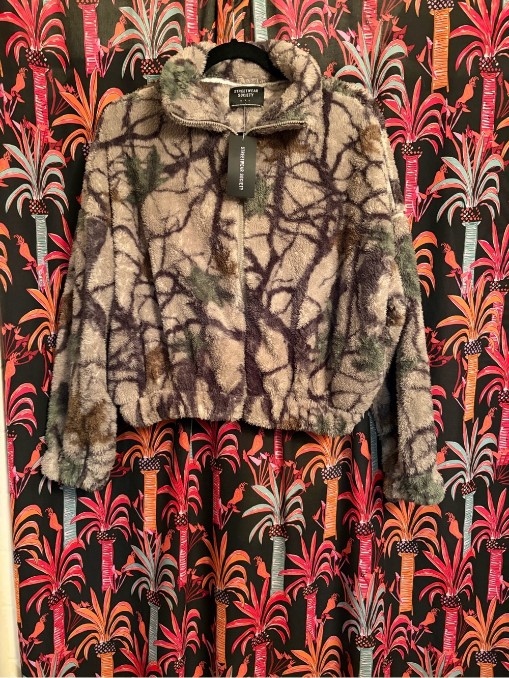 Streetwear Society Taupe Faux Fur Zip Teddy Jacket with Green & Brown Accents